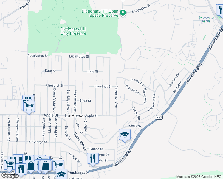 map of restaurants, bars, coffee shops, grocery stores, and more near 1317 Cuyamaca Avenue in Spring Valley