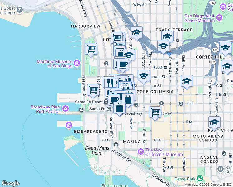 map of restaurants, bars, coffee shops, grocery stores, and more near 550 West B Street in San Diego