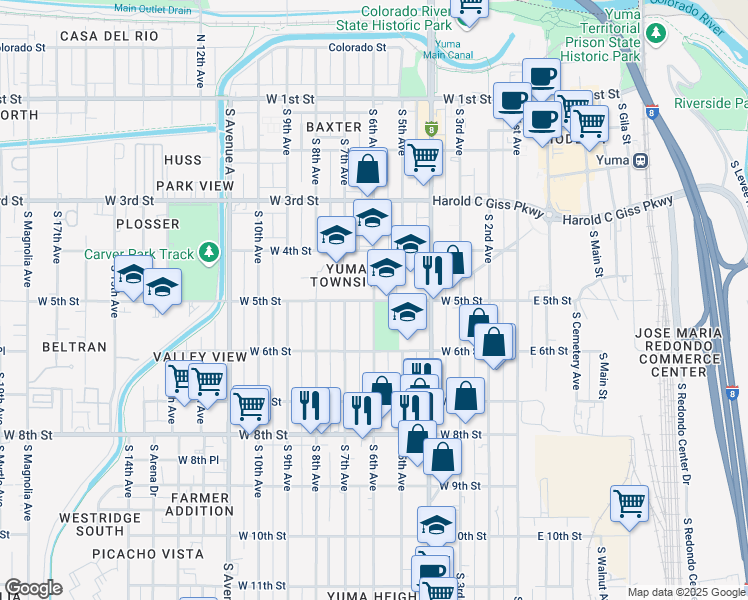 map of restaurants, bars, coffee shops, grocery stores, and more near 550 West 5th Street in Yuma