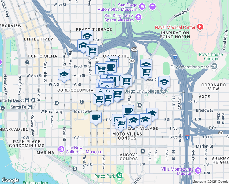 map of restaurants, bars, coffee shops, grocery stores, and more near 750 B Street in San Diego
