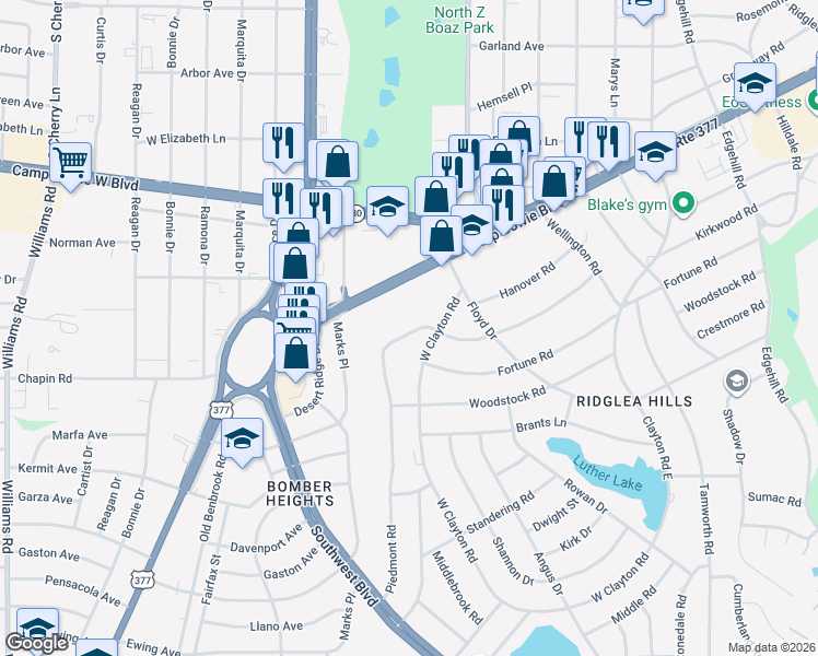 map of restaurants, bars, coffee shops, grocery stores, and more near 6912 Kirkwood Road in Fort Worth