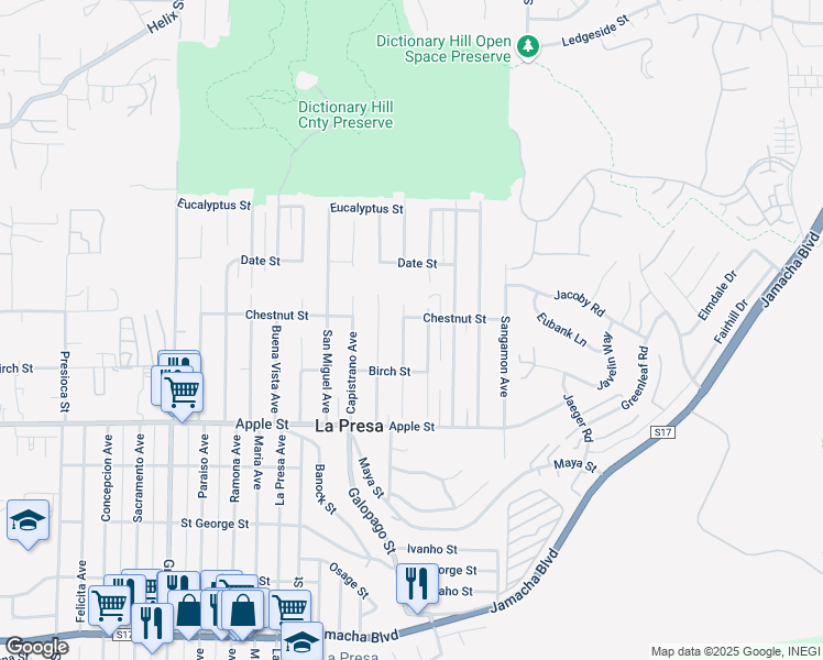 map of restaurants, bars, coffee shops, grocery stores, and more near 1315 Coronado Avenue in Spring Valley