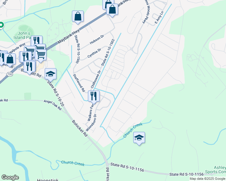 map of restaurants, bars, coffee shops, grocery stores, and more near 3545 Rookwood Place in Johns Island