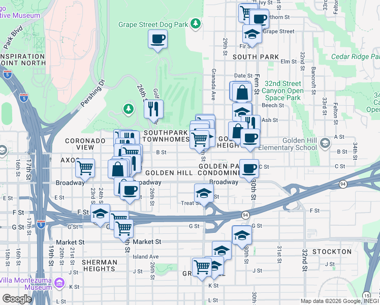map of restaurants, bars, coffee shops, grocery stores, and more near B Street in San Diego