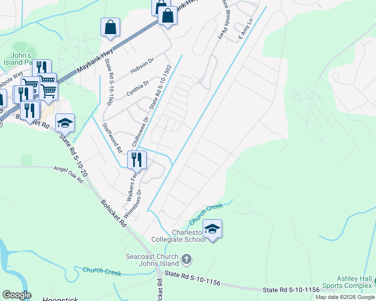 map of restaurants, bars, coffee shops, grocery stores, and more near 3504 Berryhill Road in Johns Island