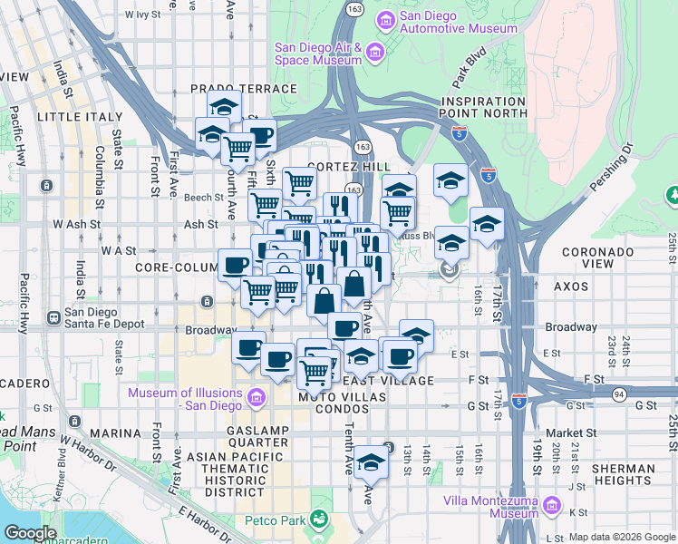 map of restaurants, bars, coffee shops, grocery stores, and more near 912 B Street in San Diego