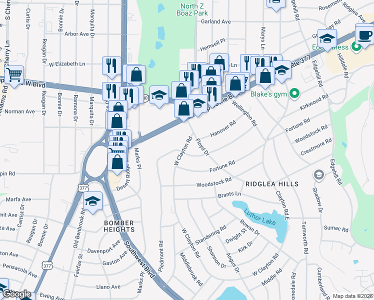 map of restaurants, bars, coffee shops, grocery stores, and more near 6820 Kirkwood Rd in Fort Worth
