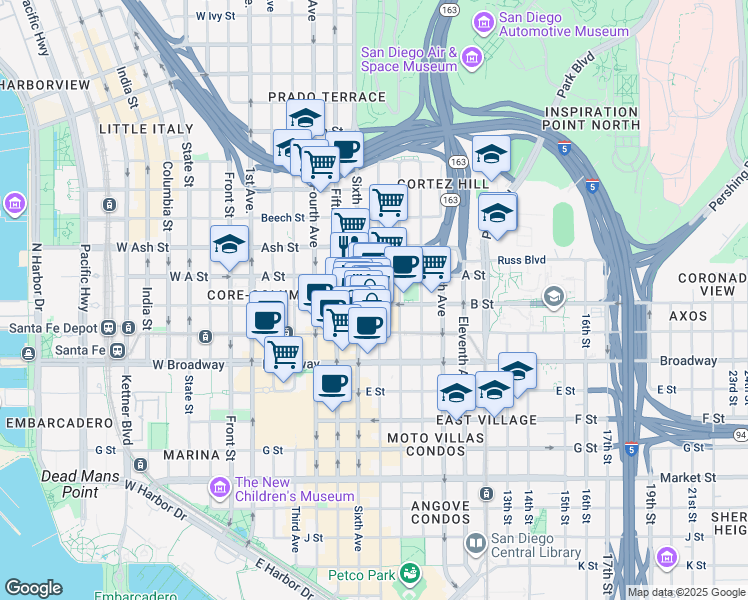 map of restaurants, bars, coffee shops, grocery stores, and more near 600 B Street in San Diego