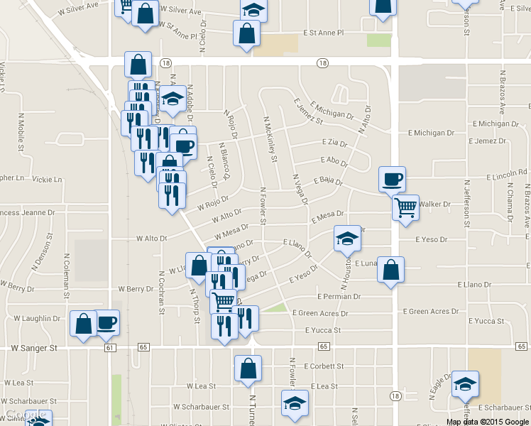 map of restaurants, bars, coffee shops, grocery stores, and more near 101 E Alto Dr in Hobbs