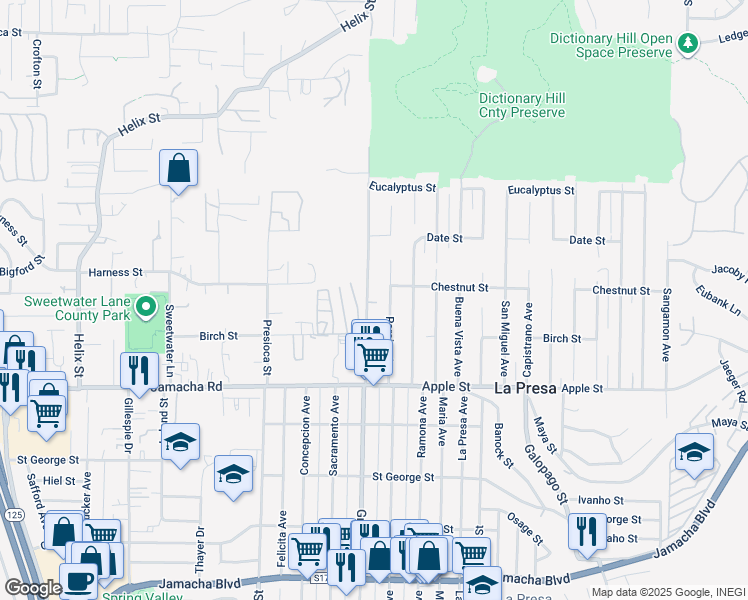 map of restaurants, bars, coffee shops, grocery stores, and more near 1311 Grand Avenue in Spring Valley