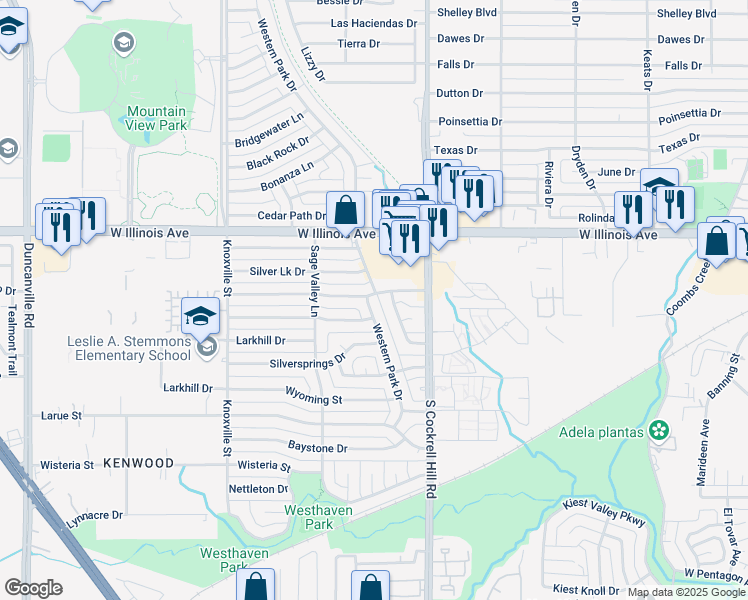 map of restaurants, bars, coffee shops, grocery stores, and more near 2508 Western Park Drive in Dallas