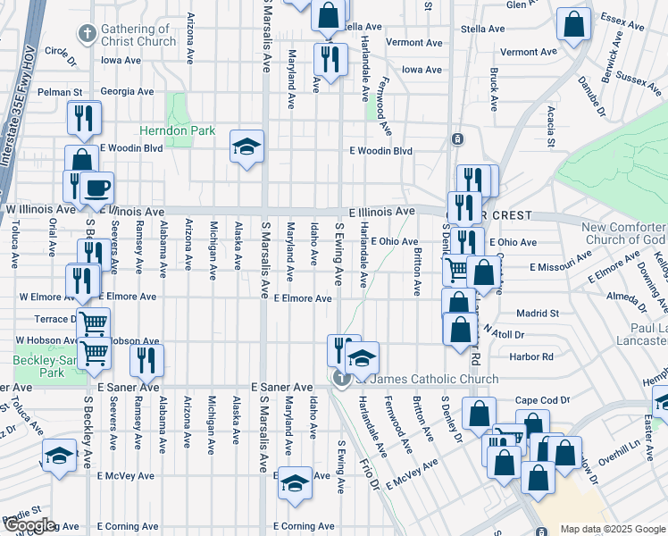 map of restaurants, bars, coffee shops, grocery stores, and more near 2429 South Ewing Avenue in Dallas