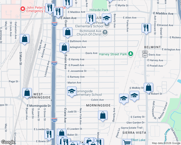 map of restaurants, bars, coffee shops, grocery stores, and more near 1036 East Jessamine Street in Fort Worth