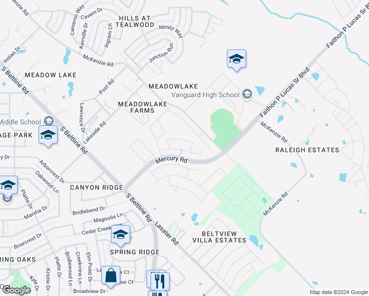 map of restaurants, bars, coffee shops, grocery stores, and more near 4600 Mercury Road in Balch Springs