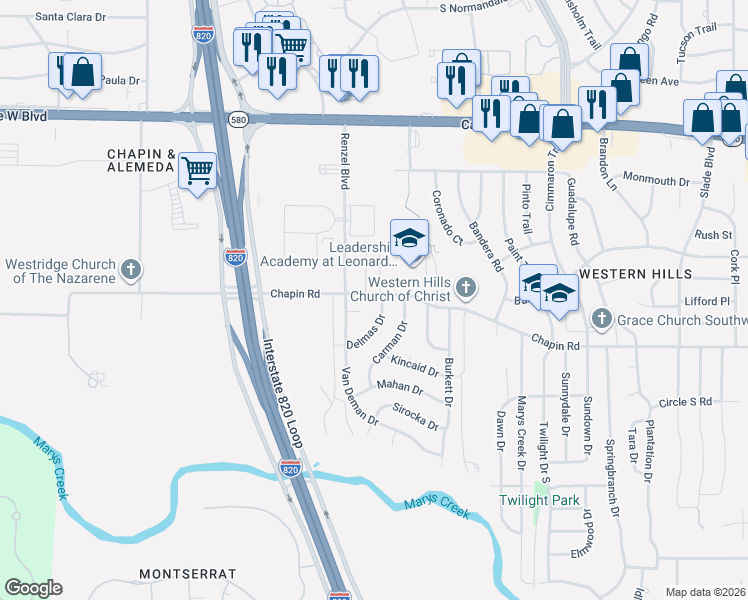map of restaurants, bars, coffee shops, grocery stores, and more near 3801 Delmas Drive in Benbrook