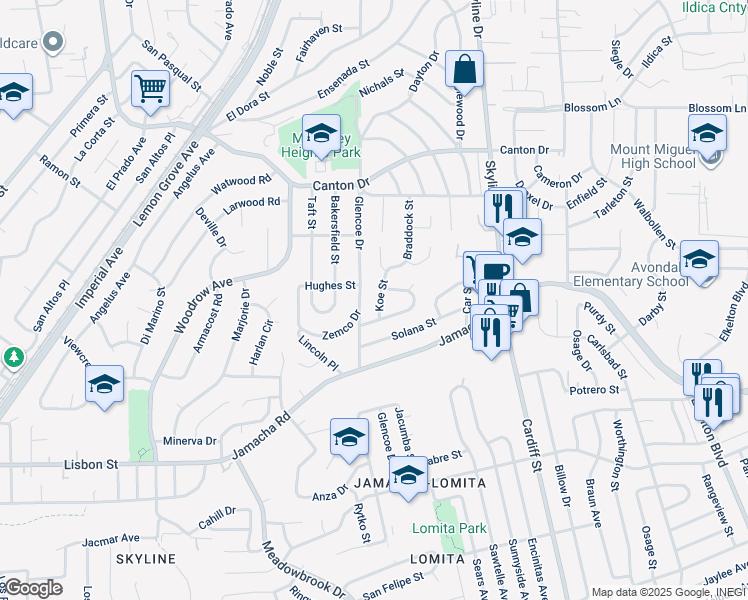 map of restaurants, bars, coffee shops, grocery stores, and more near 1134 Koe Street in San Diego