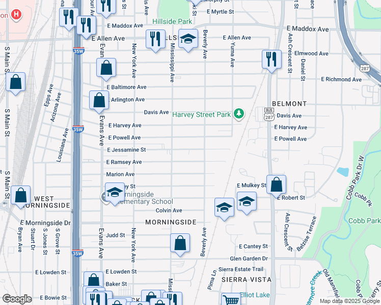map of restaurants, bars, coffee shops, grocery stores, and more near 1234 East Jessamine Street in Fort Worth