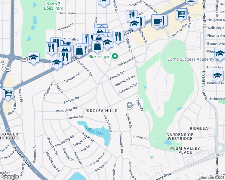 map of restaurants, bars, coffee shops, grocery stores, and more near 3900 Pelham Road in Fort Worth
