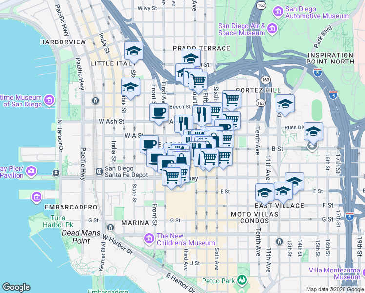map of restaurants, bars, coffee shops, grocery stores, and more near 320 B Street in San Diego