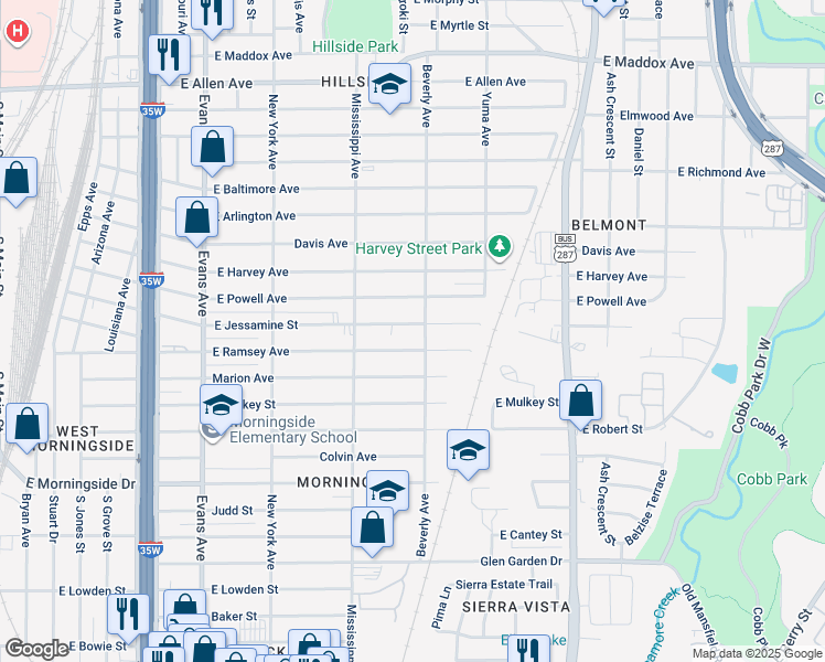 map of restaurants, bars, coffee shops, grocery stores, and more near 1234 East Jessamine Street in Fort Worth