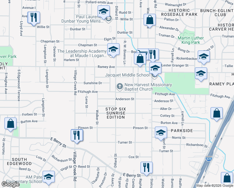 map of restaurants, bars, coffee shops, grocery stores, and more near 5200 Carol Avenue in Fort Worth