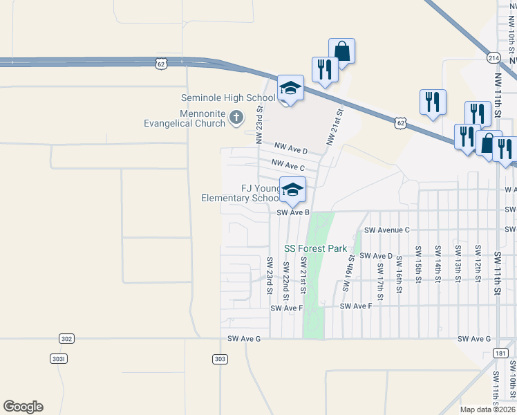 map of restaurants, bars, coffee shops, grocery stores, and more near 2302 Southwest Avenue B in Seminole
