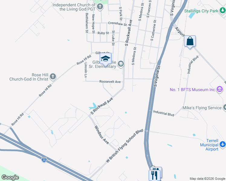 map of restaurants, bars, coffee shops, grocery stores, and more near 112 Roosevelt Court in Terrell