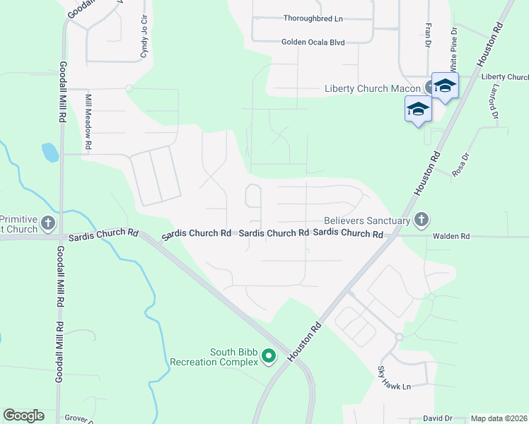 map of restaurants, bars, coffee shops, grocery stores, and more near 120 Jabrok Circle in Macon