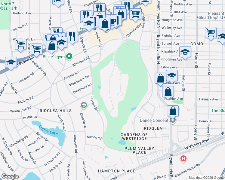 map of restaurants, bars, coffee shops, grocery stores, and more near 4401 Ridgehaven Road in Fort Worth