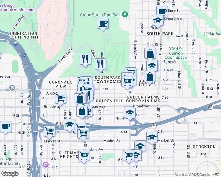 map of restaurants, bars, coffee shops, grocery stores, and more near 2672 B Street in San Diego