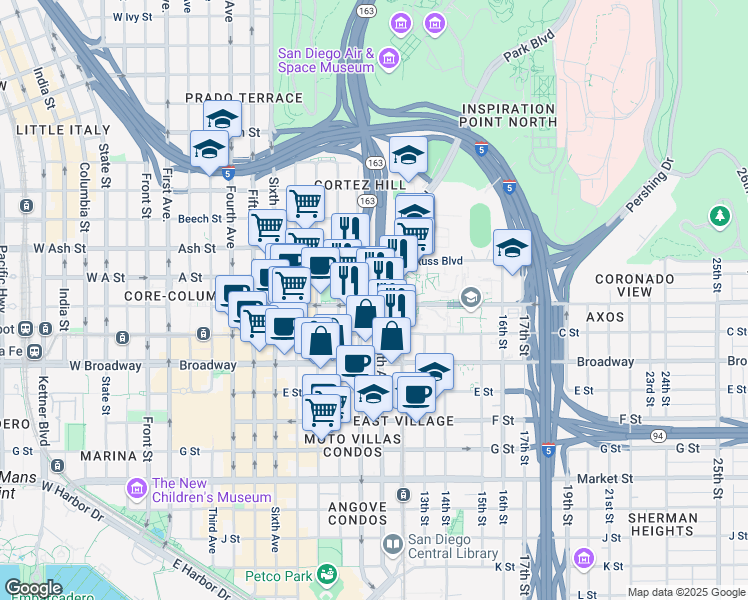 map of restaurants, bars, coffee shops, grocery stores, and more near 1112 B Street in San Diego
