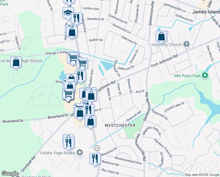 map of restaurants, bars, coffee shops, grocery stores, and more near 1310 Witter Street in Charleston