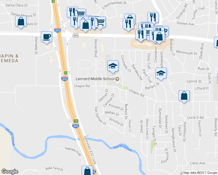 map of restaurants, bars, coffee shops, grocery stores, and more near 3801 Delmas Drive in Benbrook