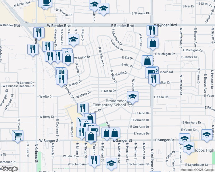 map of restaurants, bars, coffee shops, grocery stores, and more near 277 East Alto Drive in Hobbs