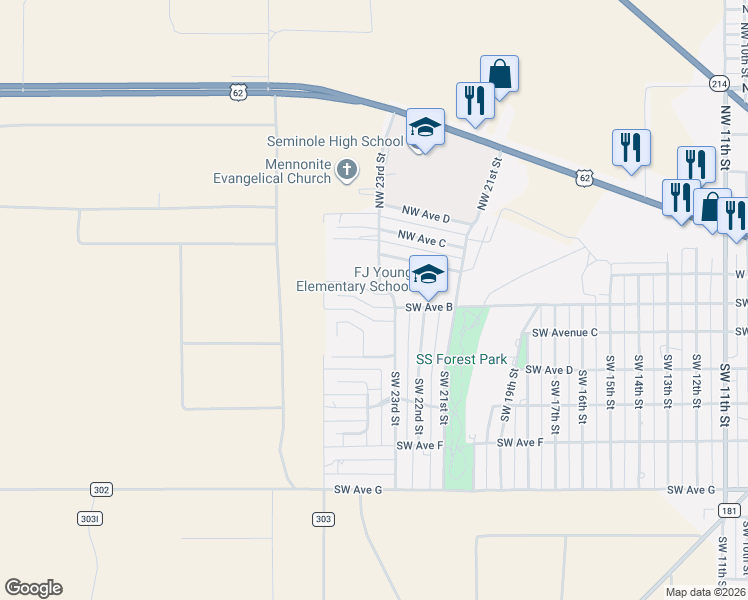 map of restaurants, bars, coffee shops, grocery stores, and more near 2302 Southwest Avenue B in Seminole