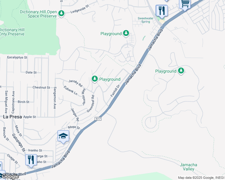 map of restaurants, bars, coffee shops, grocery stores, and more near 10344 Fairhill Drive in Spring Valley