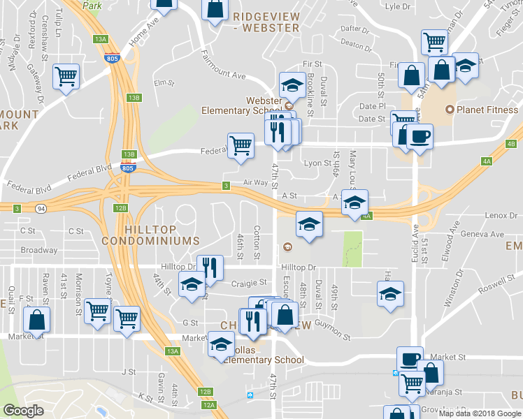 map of restaurants, bars, coffee shops, grocery stores, and more near 1235 Cotton Street in San Diego
