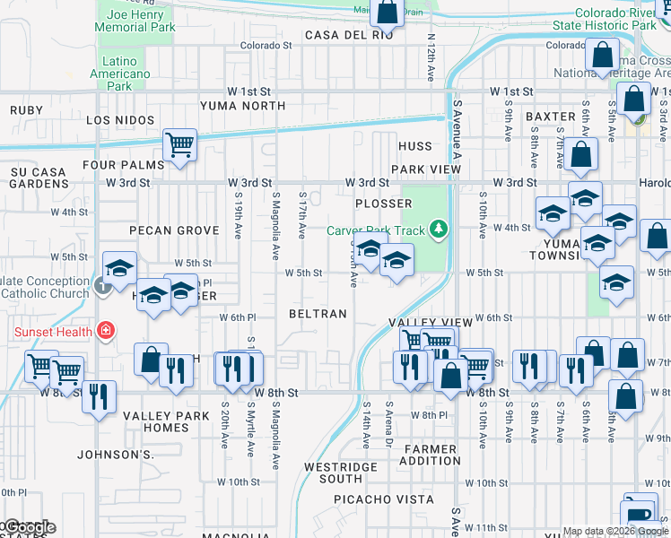 map of restaurants, bars, coffee shops, grocery stores, and more near 495 South 16th Avenue in Yuma
