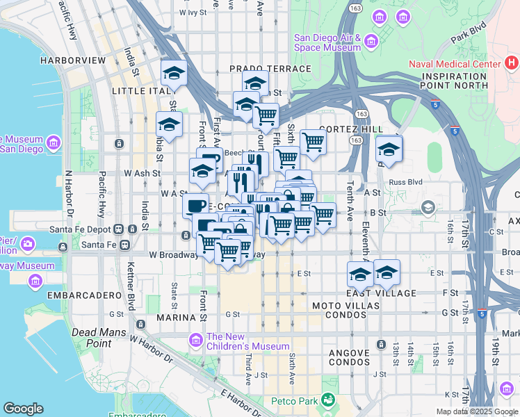 map of restaurants, bars, coffee shops, grocery stores, and more near 320 B Street in San Diego