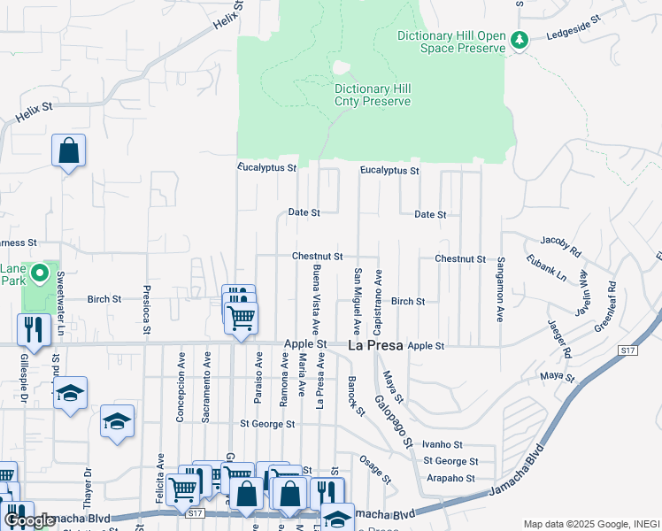 map of restaurants, bars, coffee shops, grocery stores, and more near 1310 La Presa Avenue in Spring Valley