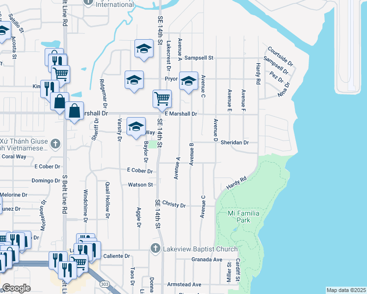 map of restaurants, bars, coffee shops, grocery stores, and more near 1922 Avenue A in Grand Prairie