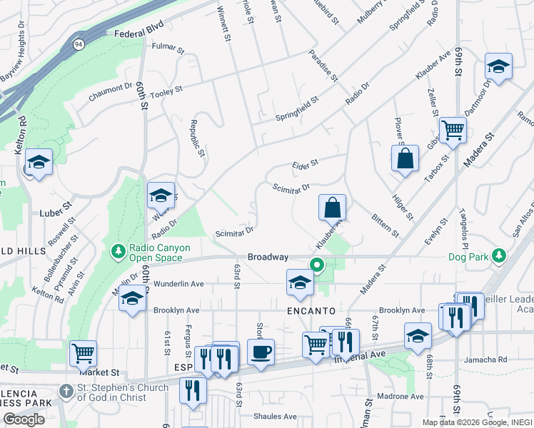 map of restaurants, bars, coffee shops, grocery stores, and more near 6359 1/2 Scimitar Drive in San Diego