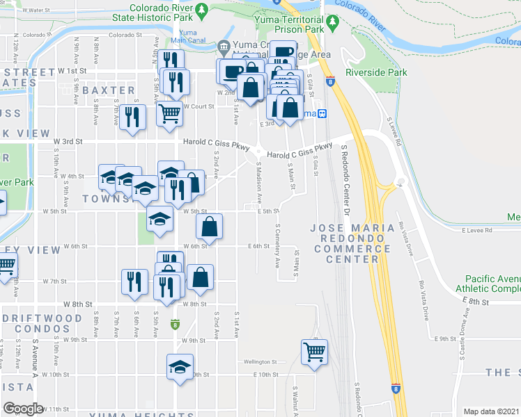 map of restaurants, bars, coffee shops, grocery stores, and more near 198 E 5th St in Yuma