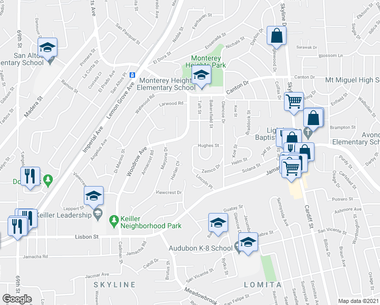 map of restaurants, bars, coffee shops, grocery stores, and more near 1368 Lincoln Place in San Diego