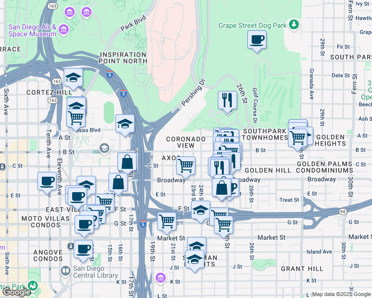 map of restaurants, bars, coffee shops, grocery stores, and more near 2208 B Street in San Diego