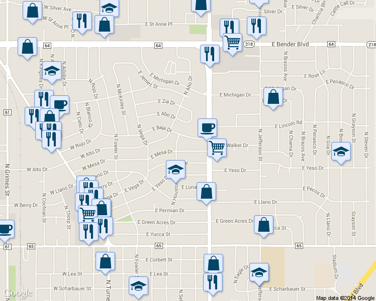 map of restaurants, bars, coffee shops, grocery stores, and more near 616 East Mesa Drive in Hobbs