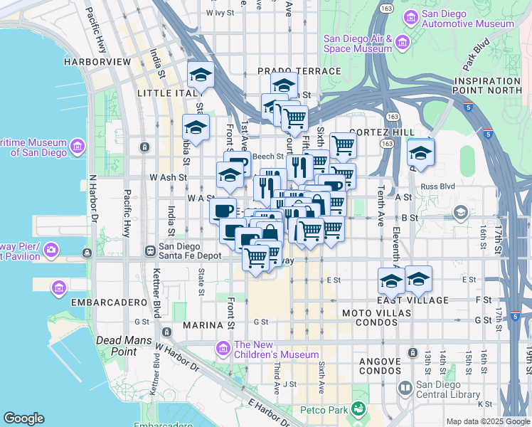 map of restaurants, bars, coffee shops, grocery stores, and more near 1200 Third Avenue in San Diego