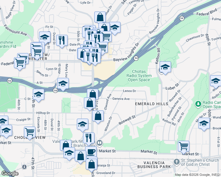 map of restaurants, bars, coffee shops, grocery stores, and more near 5188 Lenox Drive in San Diego