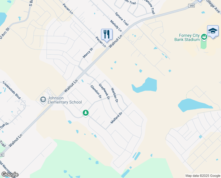 map of restaurants, bars, coffee shops, grocery stores, and more near 1137 Warbler Drive in Forney