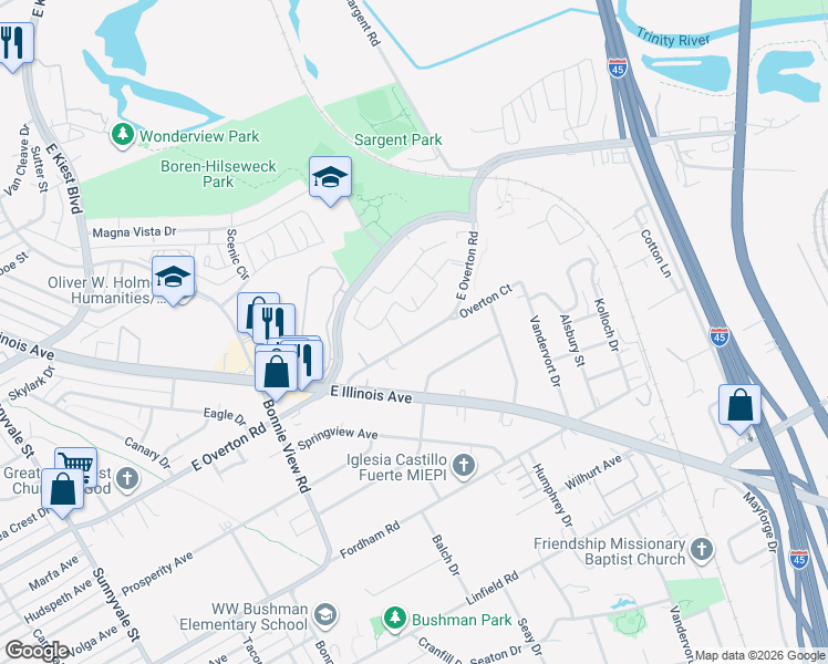 map of restaurants, bars, coffee shops, grocery stores, and more near 3315 East Overton Road in Dallas